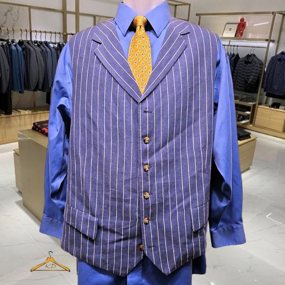 Paul Fredrick Linen Vest - XL, Indigo Blue & White Stripes, With Lapels - NWOT - Picture 2 of 6